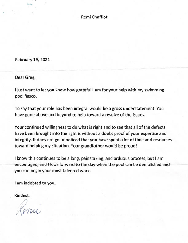 Letters about Florida Pool Designer Greg Ginstrom